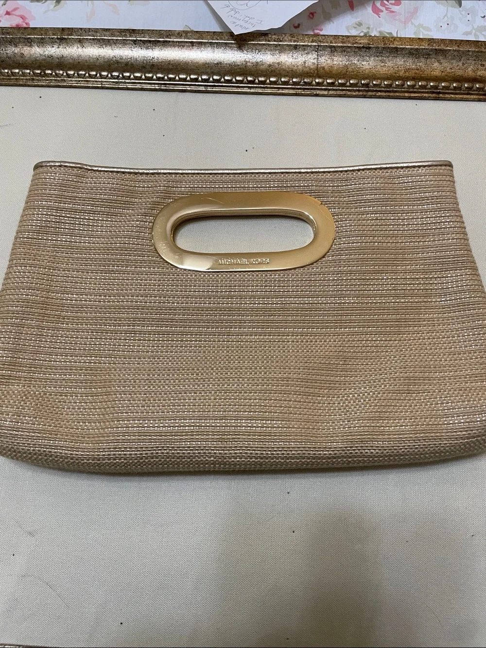 Michael Kors Beige Straw-Style Clutch with Gold Handle